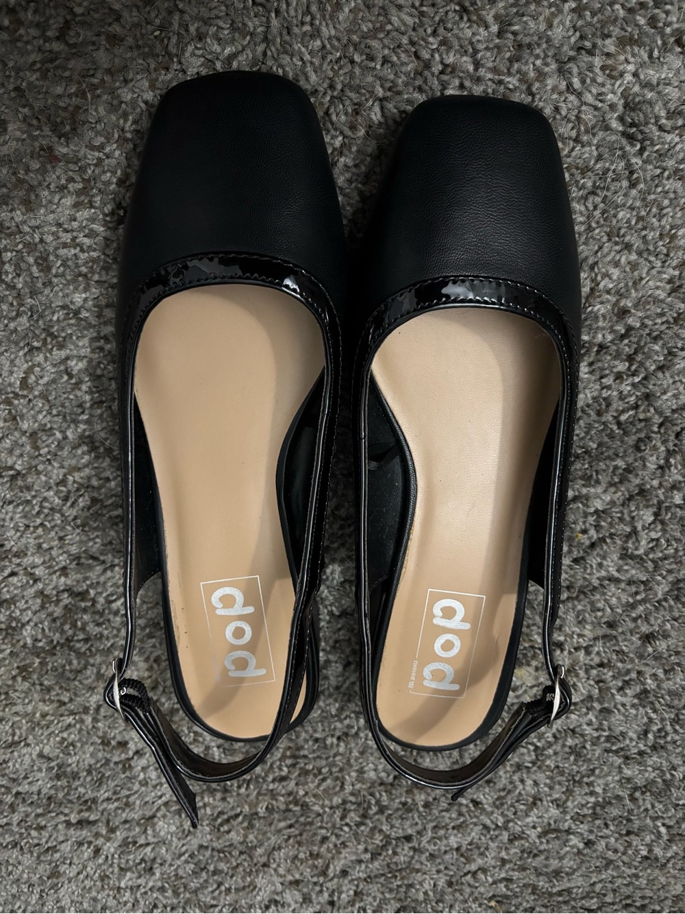 PoP Black Square-Toe Slingback Flats with Patent Trim